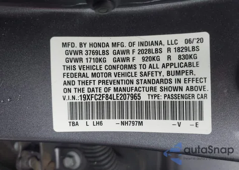 2020 Honda Civic Sport z USA, uszkodzony, nr VIN 19XFC2F84LE207965